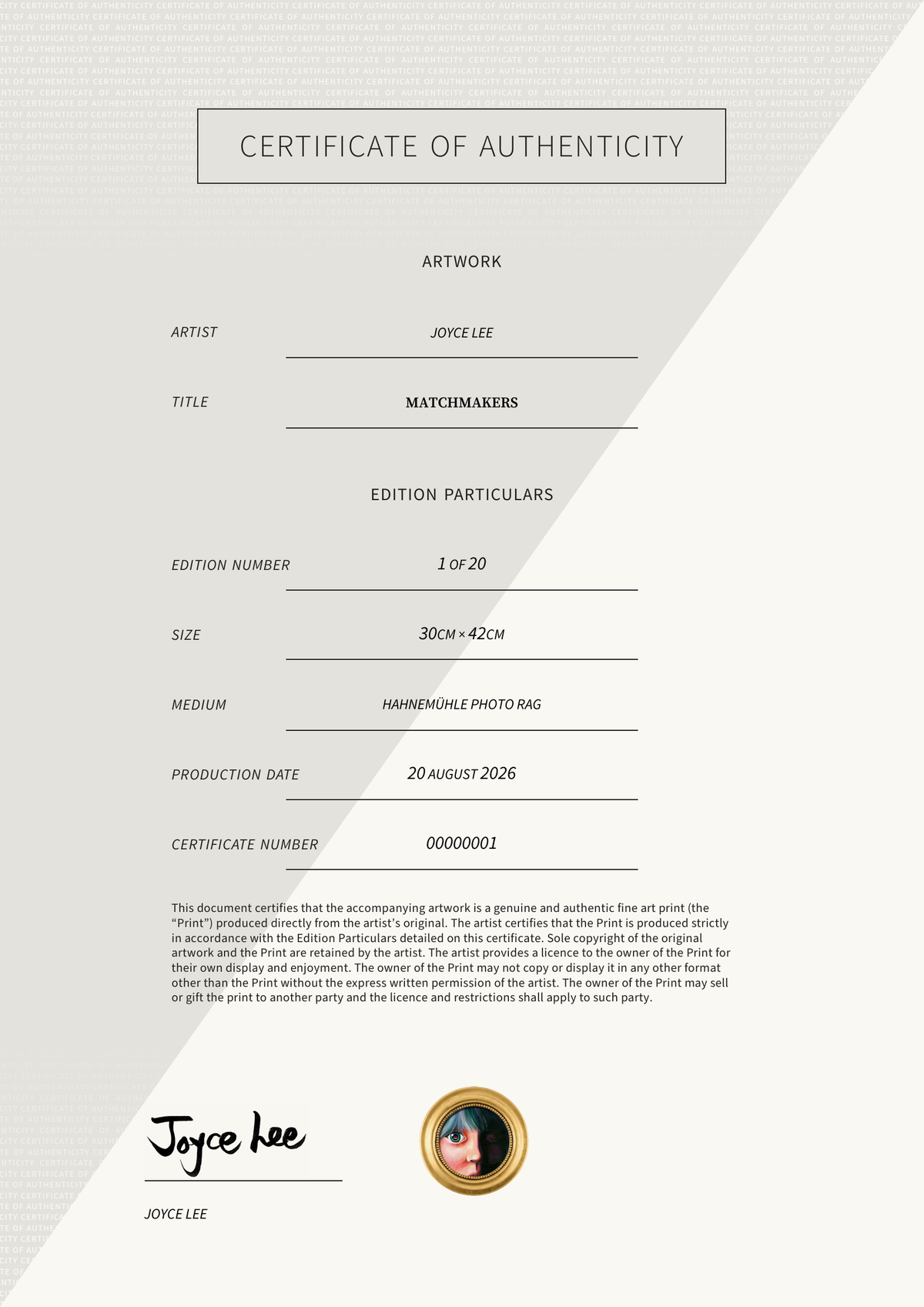 Matchmakers — Certificate of Authenticity