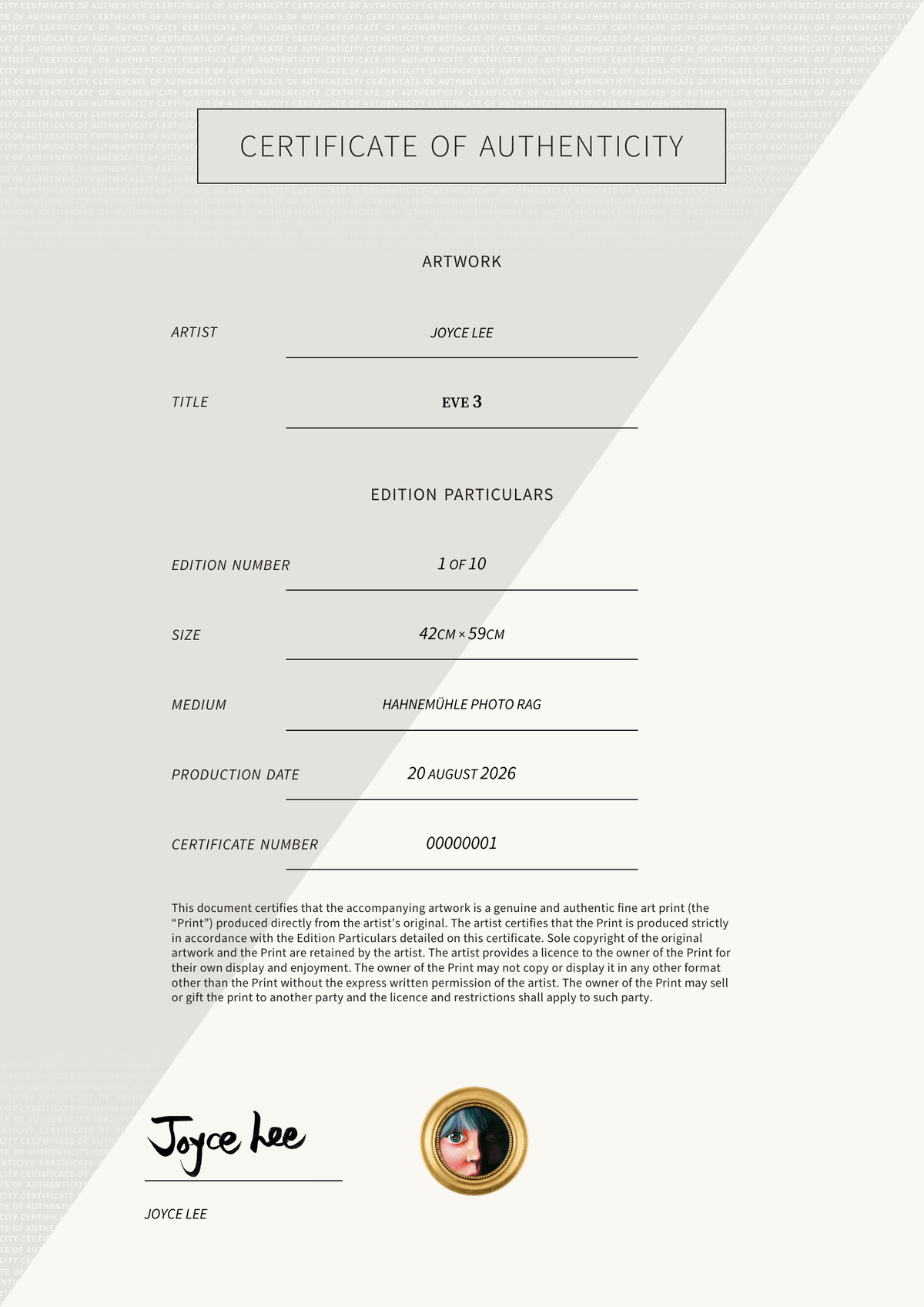 Eve 3 — Certificate of Authenticity