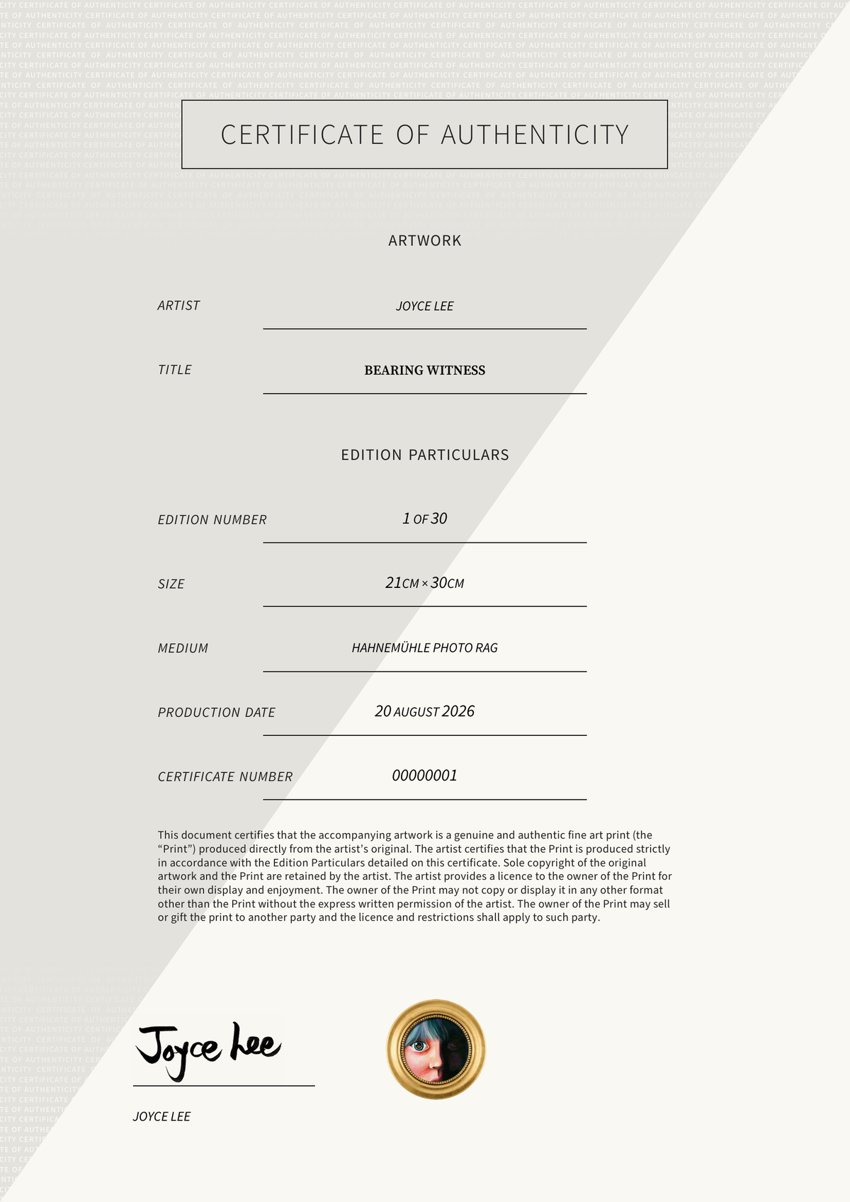 Bearing Witness — Certificate of Authenticity