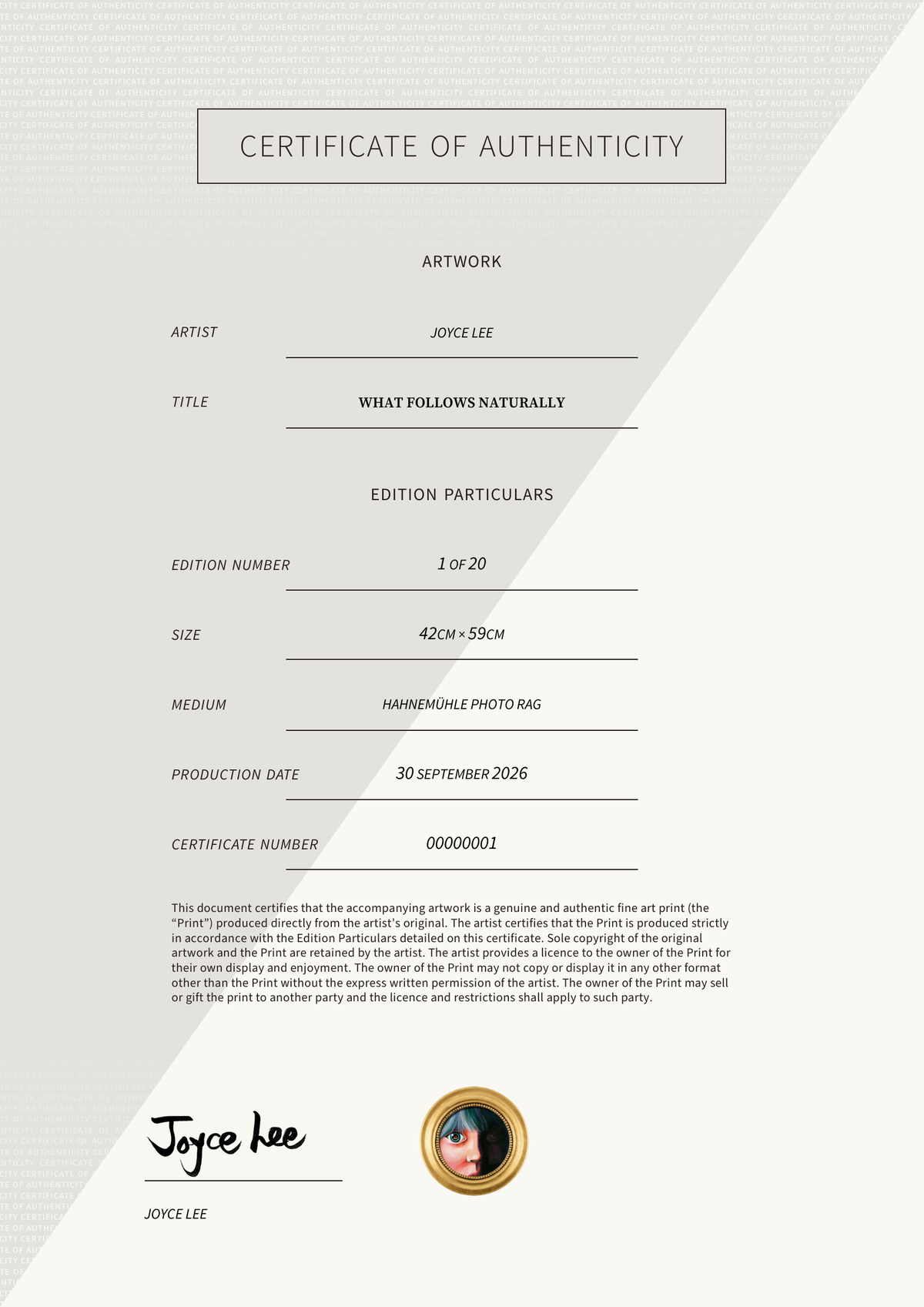 What Follows Naturally — Certificate of Authenticity